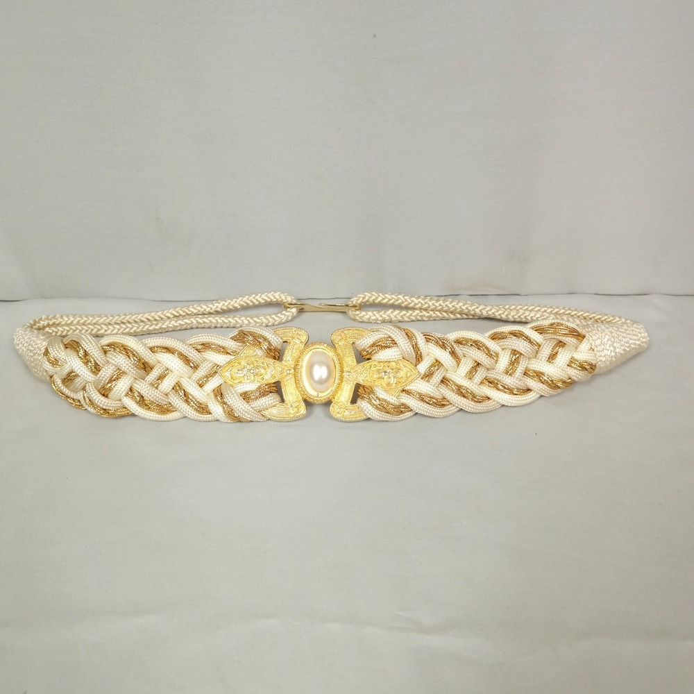 Vintage Braided Rope Cinch Belt Women M / L Gold Ivory White Faux Pearl Glam